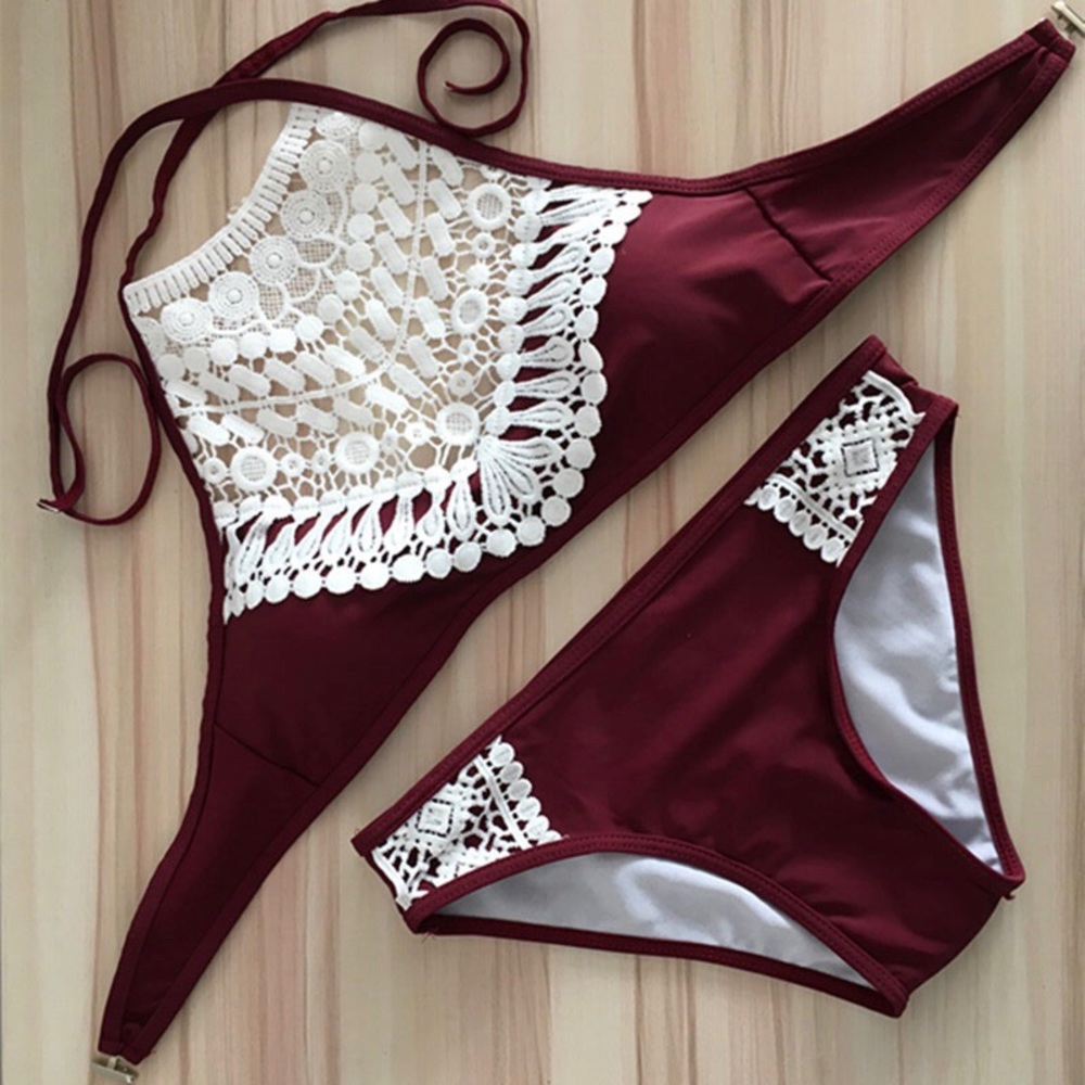 CLEARANCE NEW Burgundy Crochet Halterneck Bikini